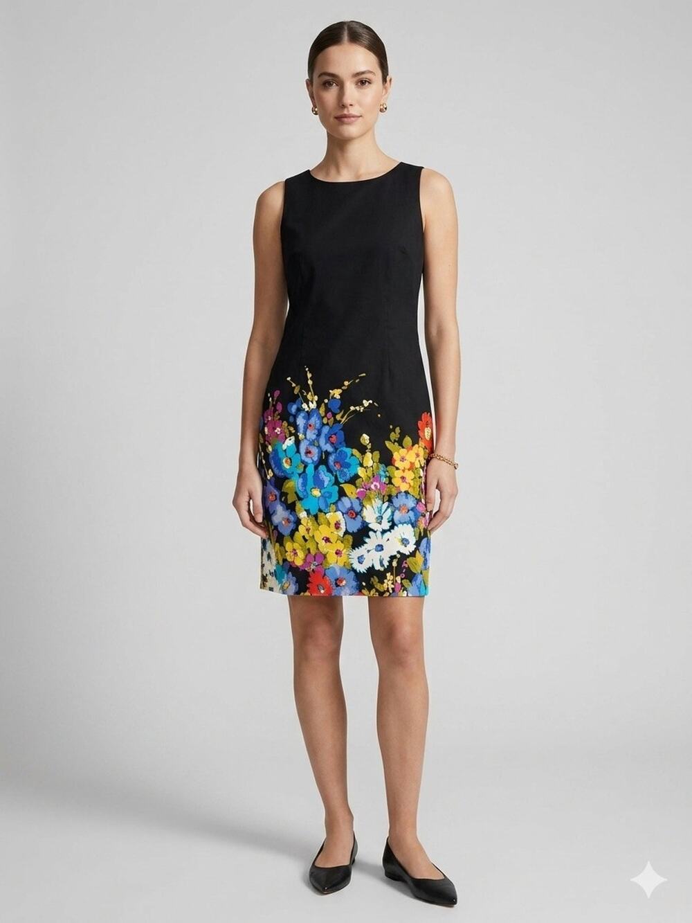 Evan-Picone Black Sheath Dress Floral Border Hem Sleeveless Work Event Size 6